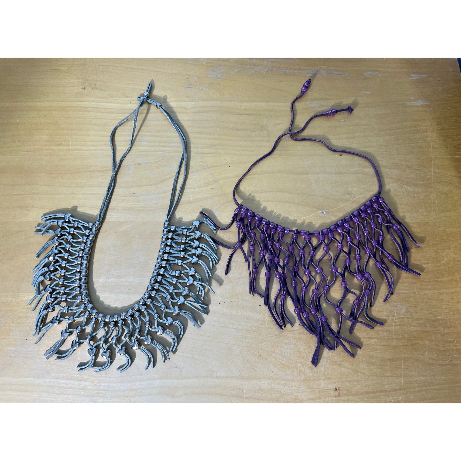 Vtg Western Fringe Beaded Festival Necklaces Gray & Purple Suede Beaded Rodeo